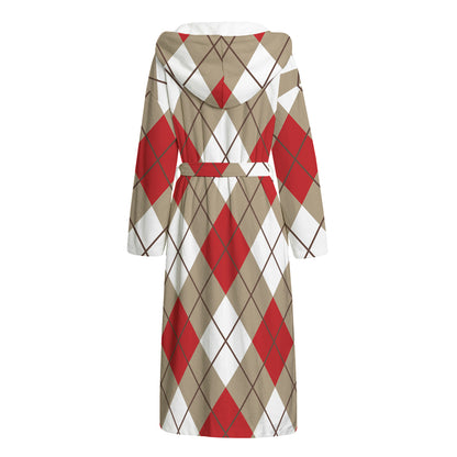 Red White And Beige Argyle Pattern Print Hooded Bathrobe