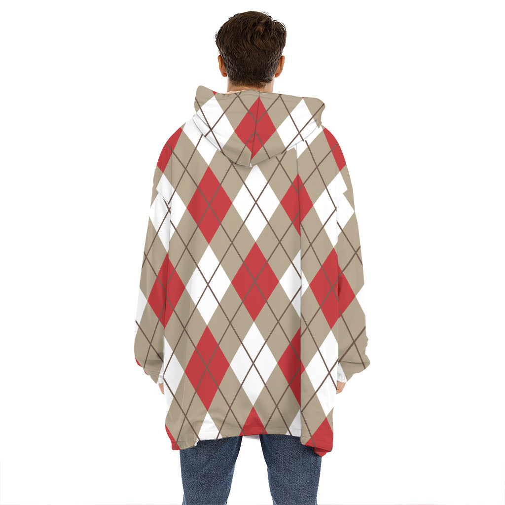 Red White And Beige Argyle Pattern Print Hoodie Blanket