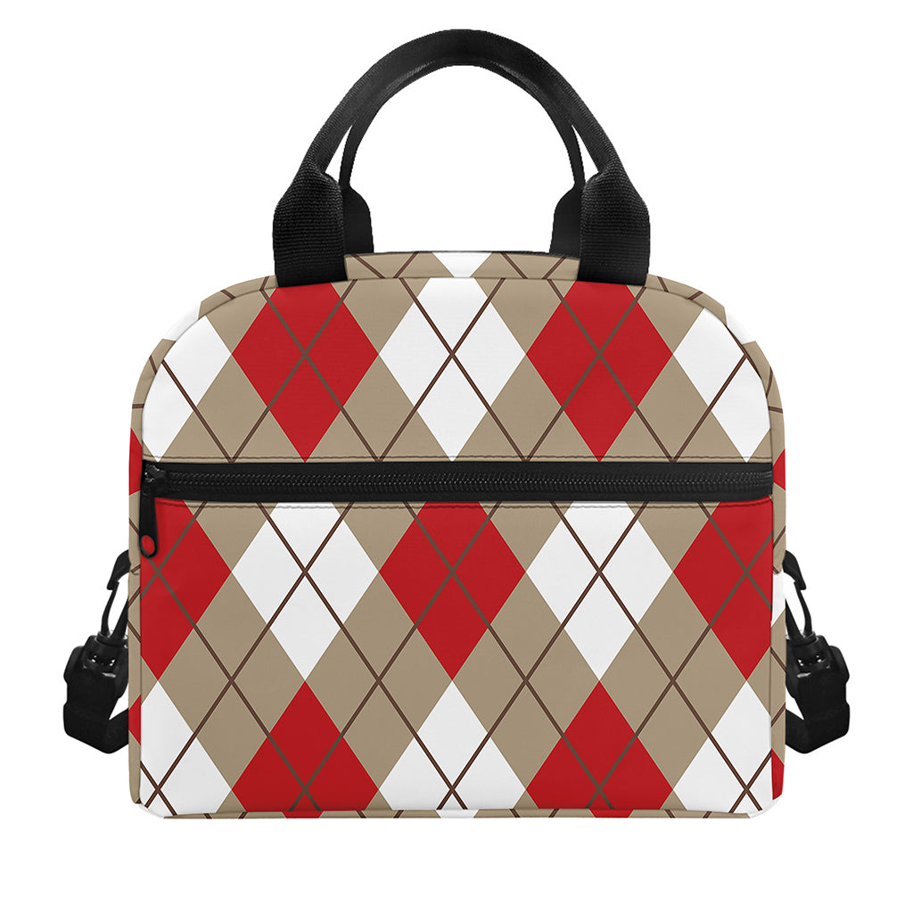 Red White And Beige Argyle Pattern Print Insulated Lunch Bag