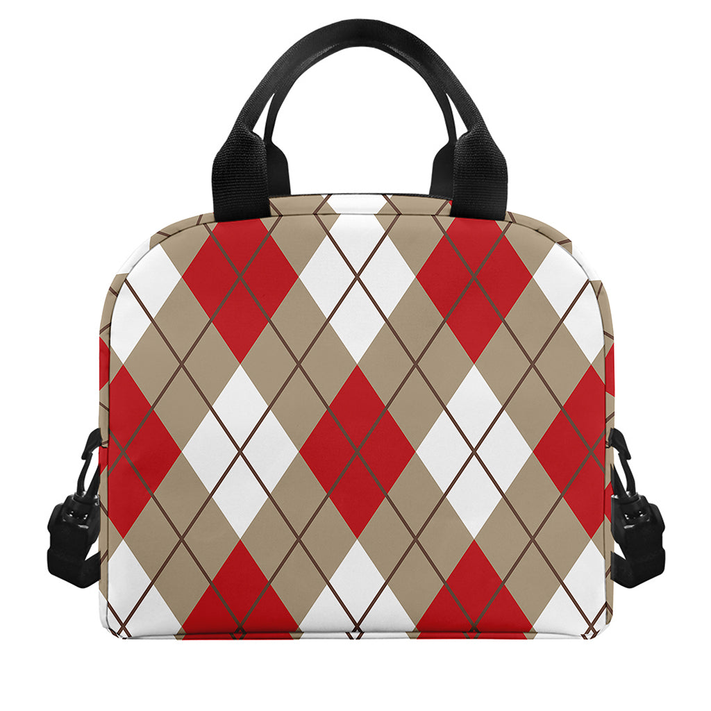 Red White And Beige Argyle Pattern Print Insulated Lunch Bag