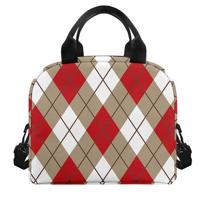 Red White And Beige Argyle Pattern Print Insulated Lunch Bag