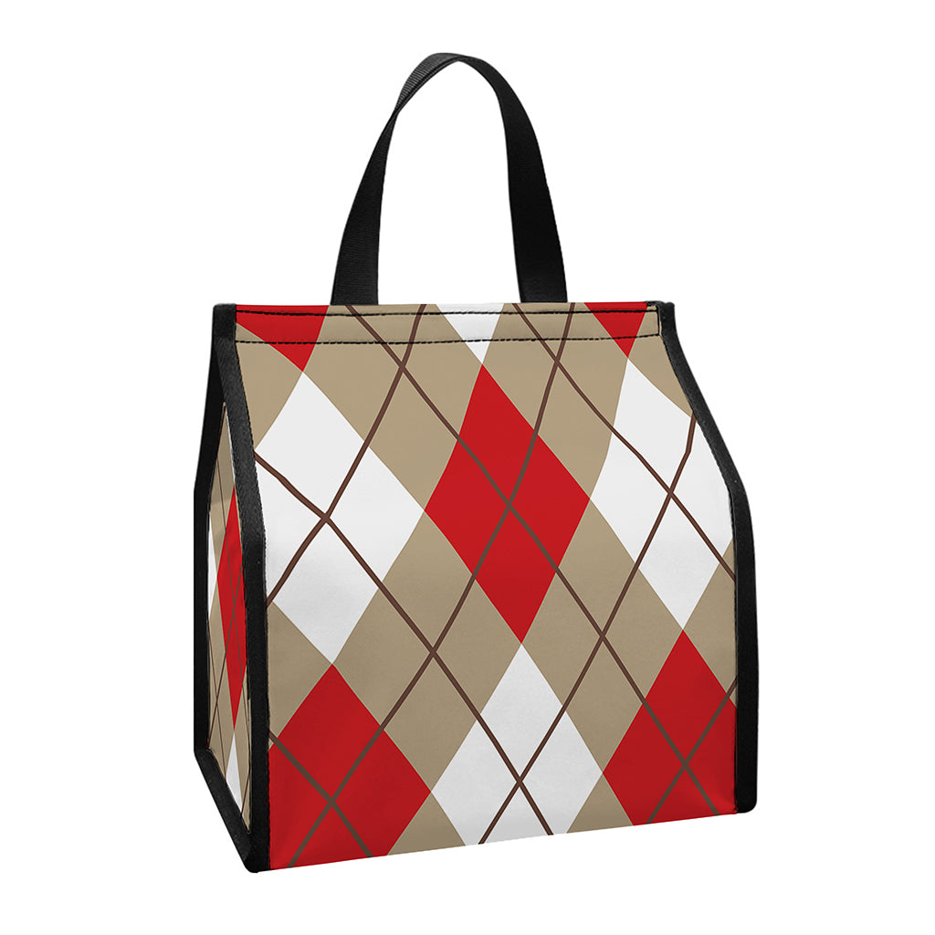 Red White And Beige Argyle Pattern Print Insulated Lunch Tote