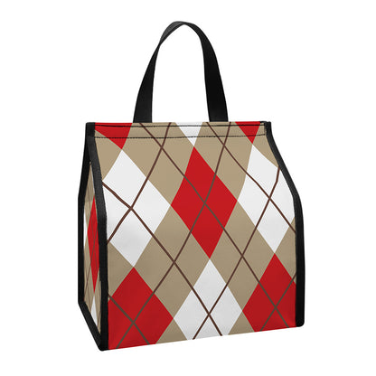 Red White And Beige Argyle Pattern Print Insulated Lunch Tote