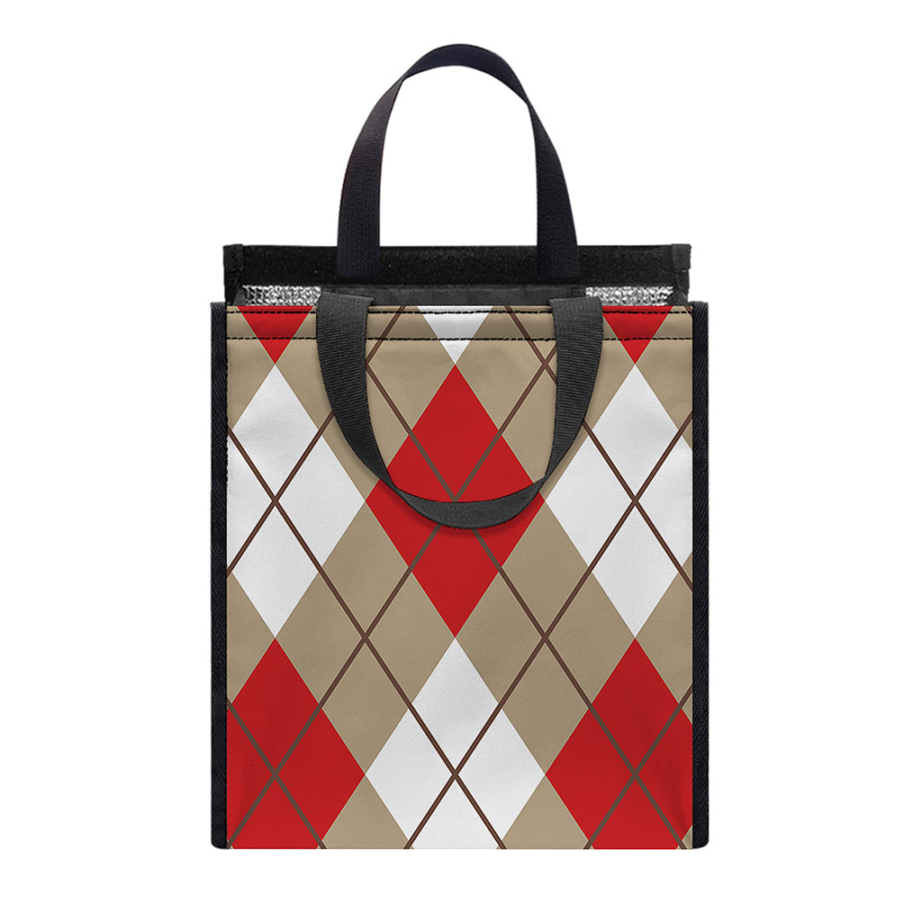 Red White And Beige Argyle Pattern Print Insulated Lunch Tote