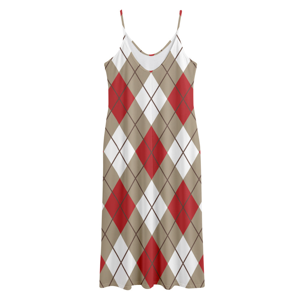 Red White And Beige Argyle Pattern Print Jersey Midi Cami Dress