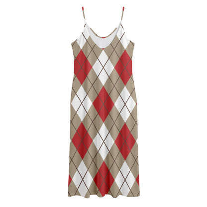 Red White And Beige Argyle Pattern Print Jersey Midi Cami Dress