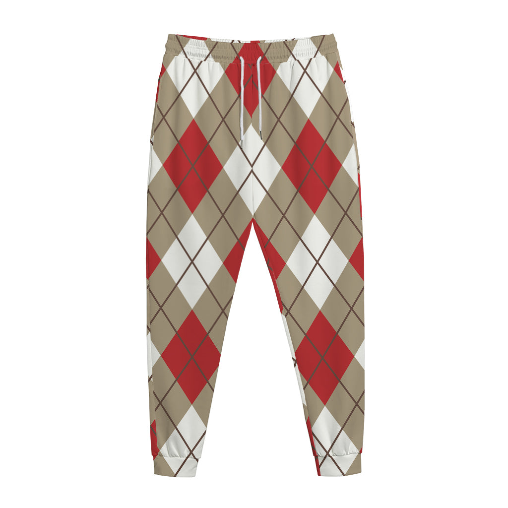 Red White And Beige Argyle Pattern Print Jogger Pants