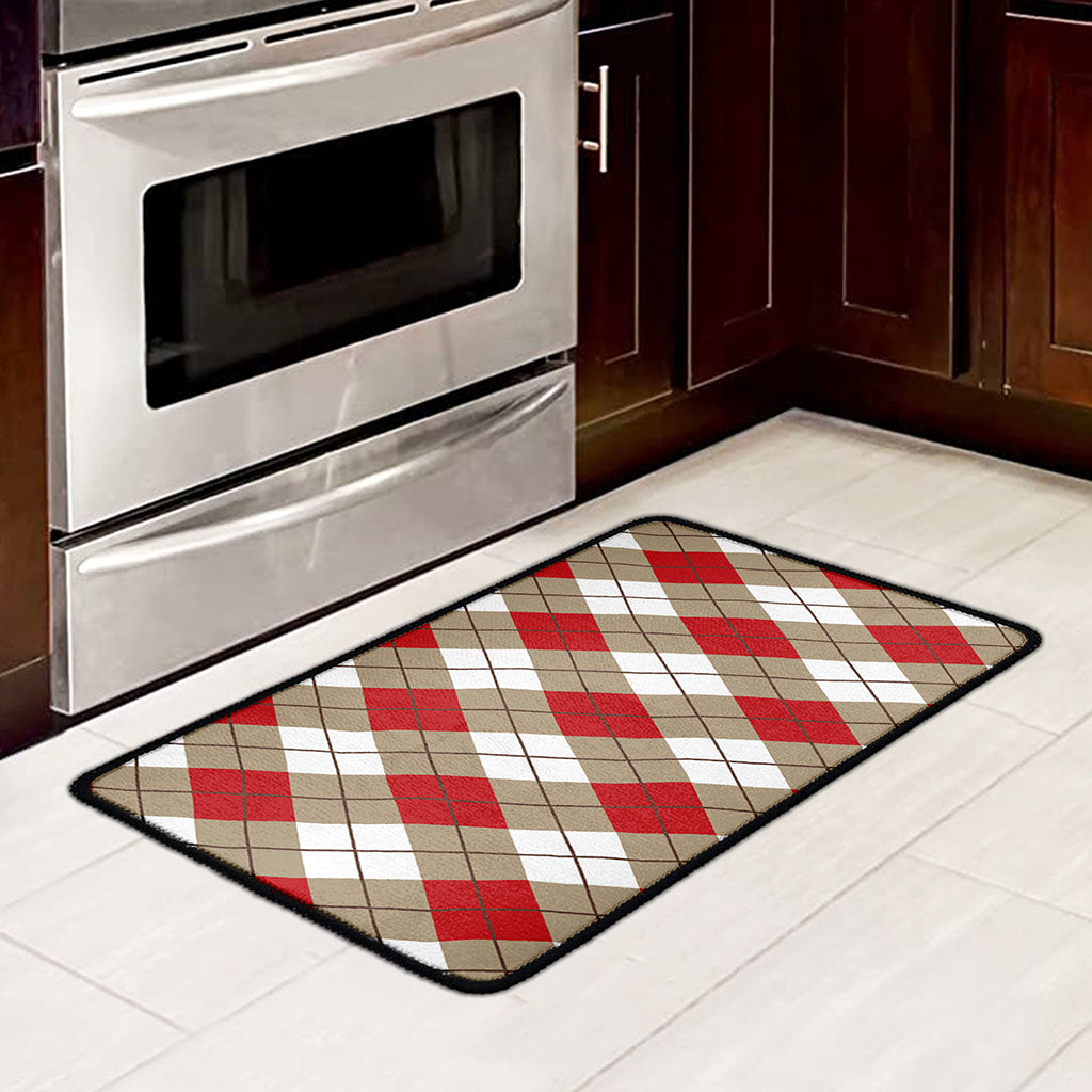 Red White And Beige Argyle Pattern Print Kitchen Mat