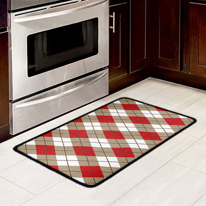 Red White And Beige Argyle Pattern Print Kitchen Mat