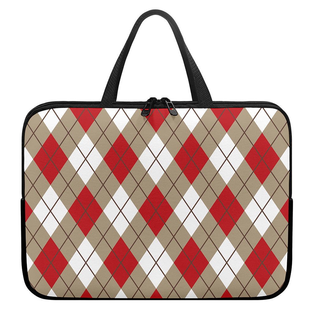 Red White And Beige Argyle Pattern Print Laptop Sleeve With Handle