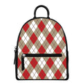 Red White And Beige Argyle Pattern Print Leather Backpack