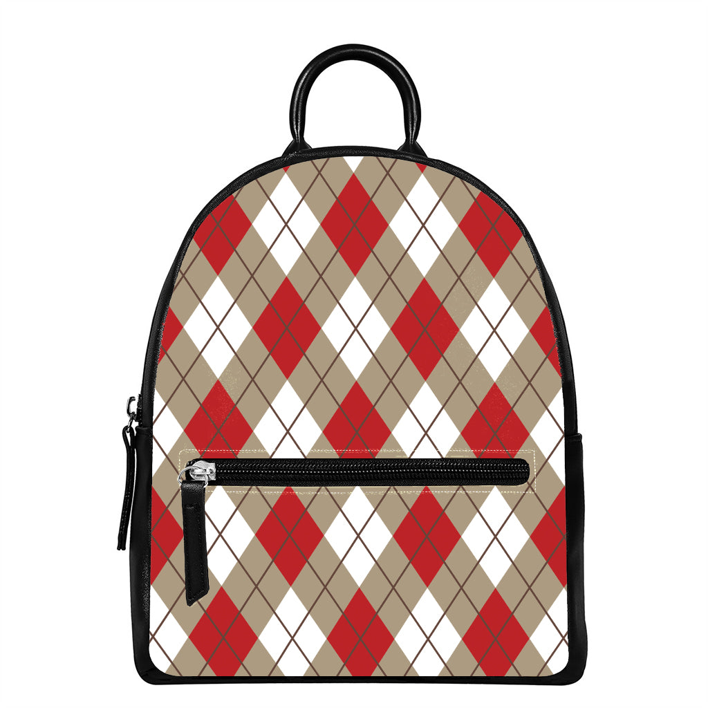 Red White And Beige Argyle Pattern Print Leather Backpack
