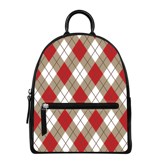 Red White And Beige Argyle Pattern Print Leather Backpack