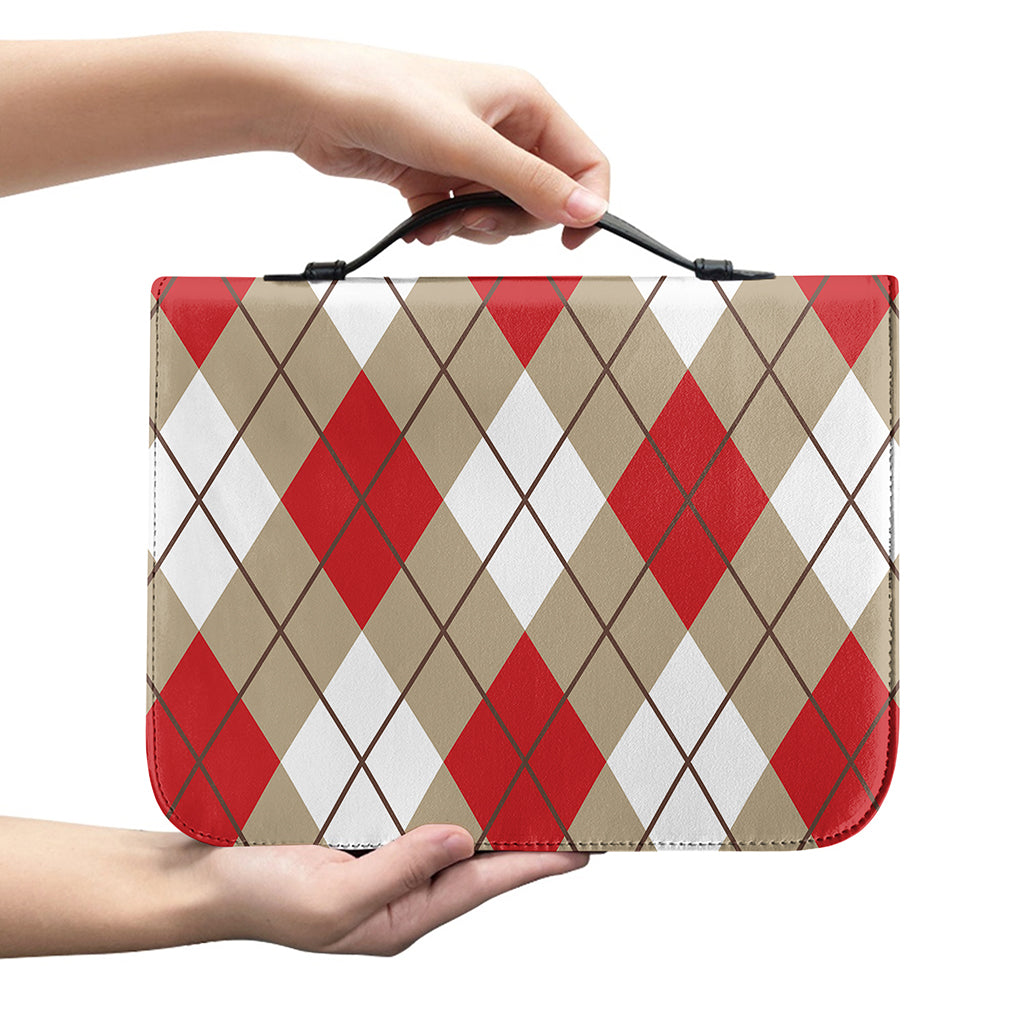 Red White And Beige Argyle Pattern Print Leather Bible Cover