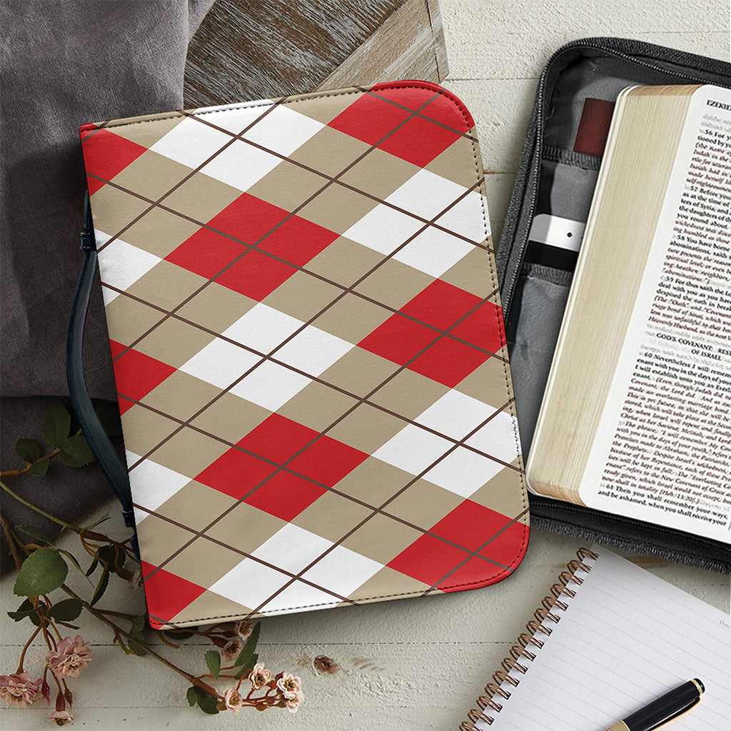 Red White And Beige Argyle Pattern Print Leather Bible Cover