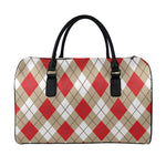 Red White And Beige Argyle Pattern Print Leather Duffle Bag