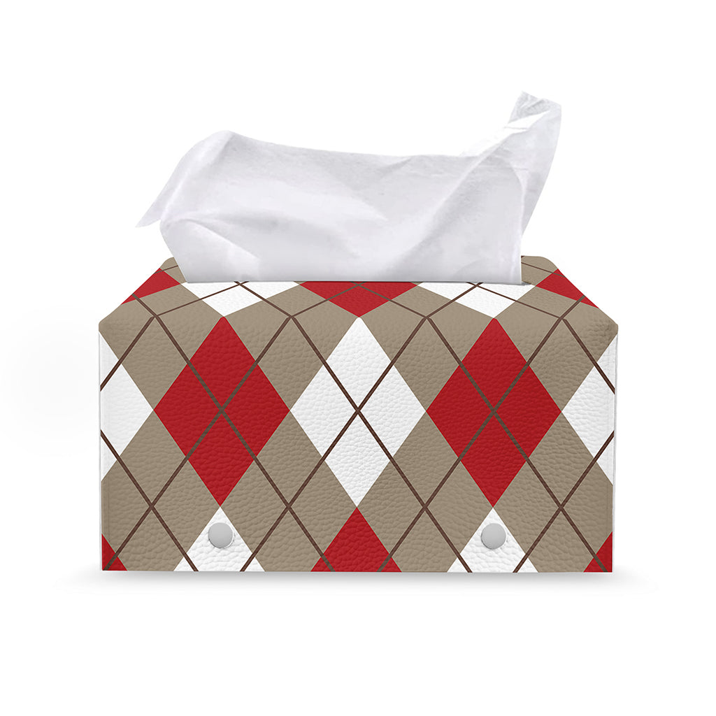 Red White And Beige Argyle Pattern Print Leather Tissue Box Cover
