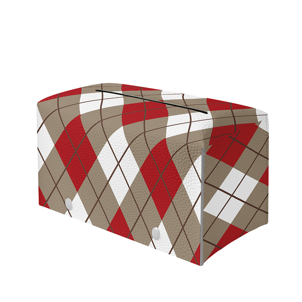 Red White And Beige Argyle Pattern Print Leather Tissue Box Cover