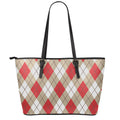Red White And Beige Argyle Pattern Print Leather Tote Bag With Zipper
