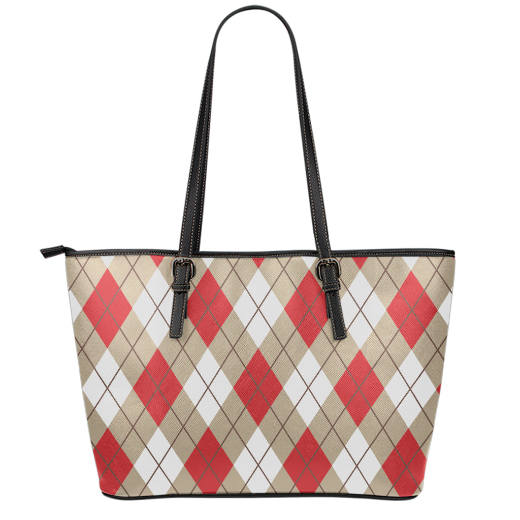 Red White And Beige Argyle Pattern Print Leather Tote Bag