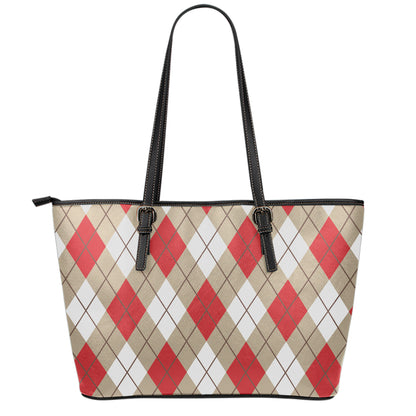 Red White And Beige Argyle Pattern Print Leather Tote Bag