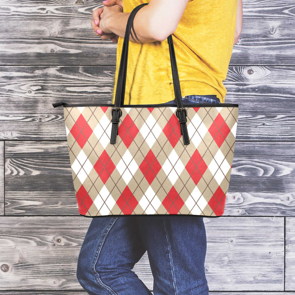 Red White And Beige Argyle Pattern Print Leather Tote Bag