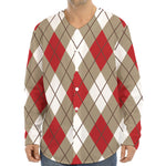 Red White And Beige Argyle Pattern Print Long Sleeve Baseball Jersey
