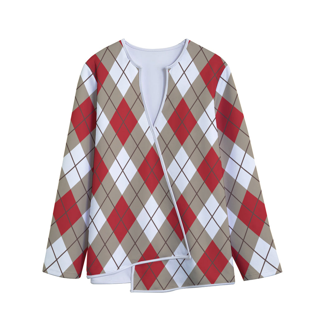 Red White And Beige Argyle Pattern Print Long Sleeve Short Coat