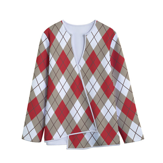 Red White And Beige Argyle Pattern Print Long Sleeve Short Coat