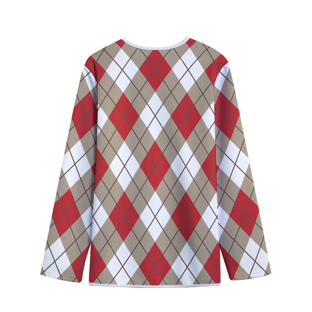 Red White And Beige Argyle Pattern Print Long Sleeve Short Coat