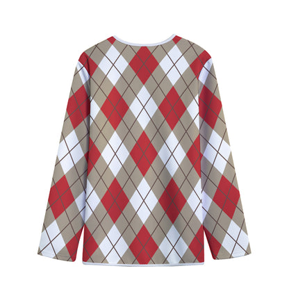 Red White And Beige Argyle Pattern Print Long Sleeve Short Coat