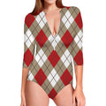 Red White And Beige Argyle Pattern Print Long Sleeve Swimsuit