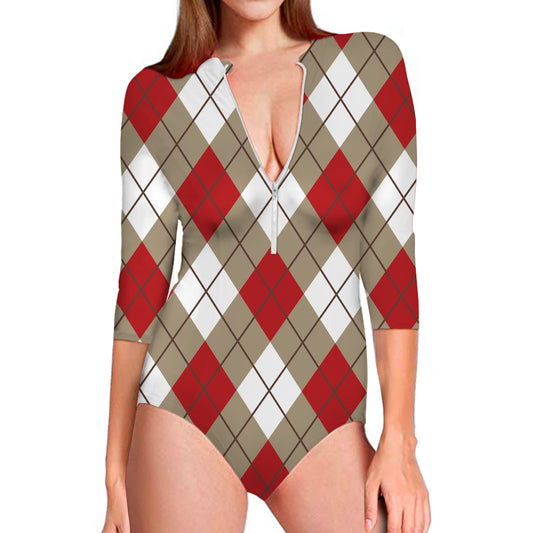Red White And Beige Argyle Pattern Print Long Sleeve Swimsuit