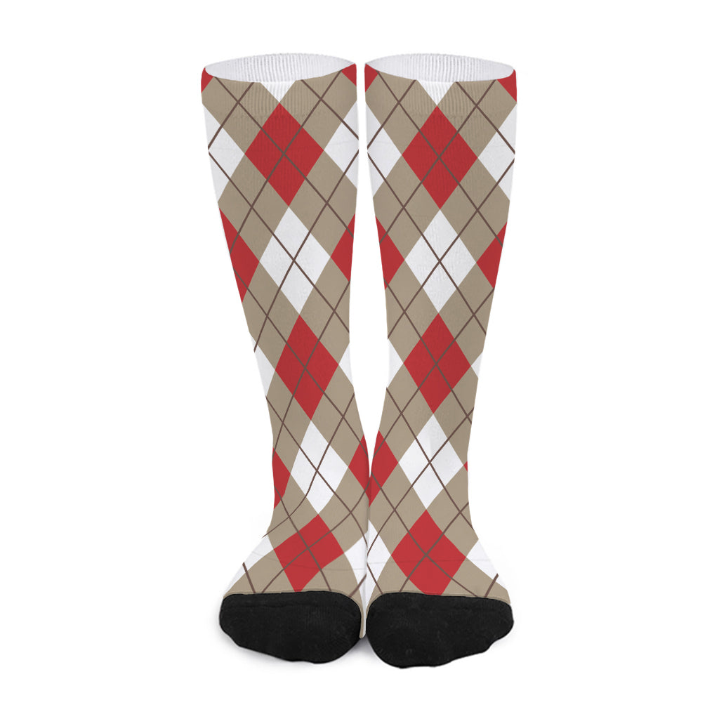 Red White And Beige Argyle Pattern Print Long Socks