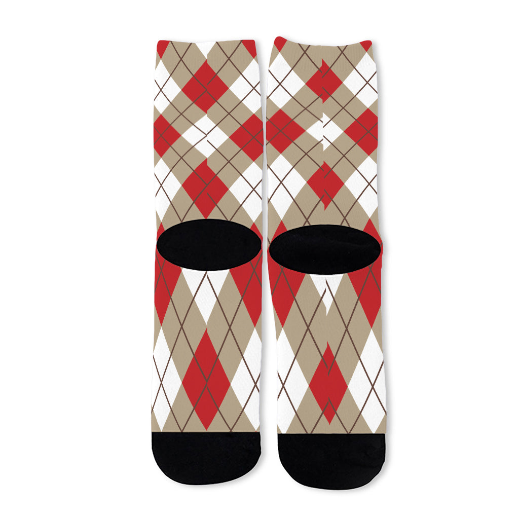 Red White And Beige Argyle Pattern Print Long Socks