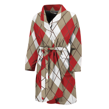 Red White And Beige Argyle Pattern Print Men's Bathrobe