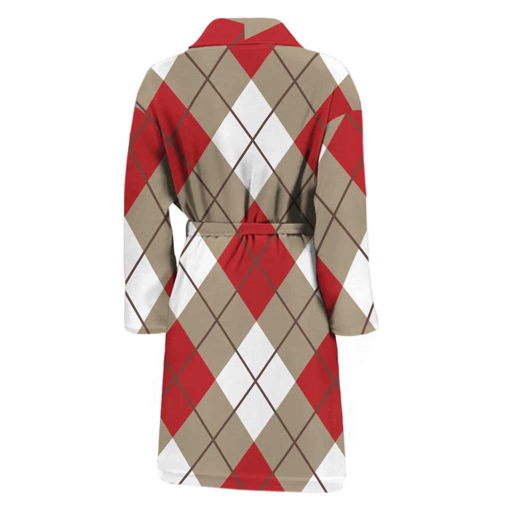 Red White And Beige Argyle Pattern Print Men's Bathrobe