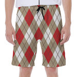 Red White And Beige Argyle Pattern Print Men's Beach Shorts