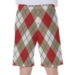 Red White And Beige Argyle Pattern Print Men's Beach Shorts