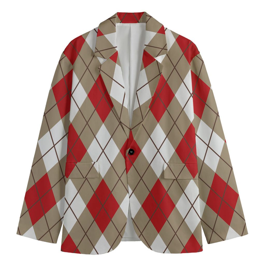 Red White And Beige Argyle Pattern Print Men's Blazer