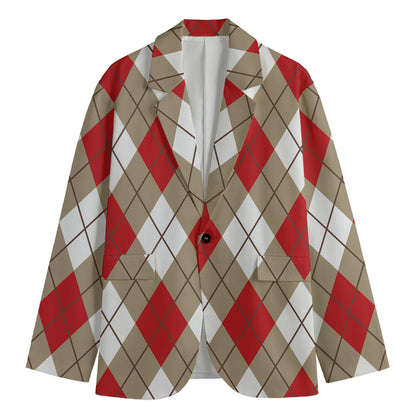 Red White And Beige Argyle Pattern Print Men's Blazer