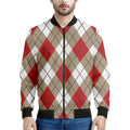 Red White And Beige Argyle Pattern Print Men's Bomber Jacket