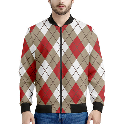 Red White And Beige Argyle Pattern Print Men's Bomber Jacket