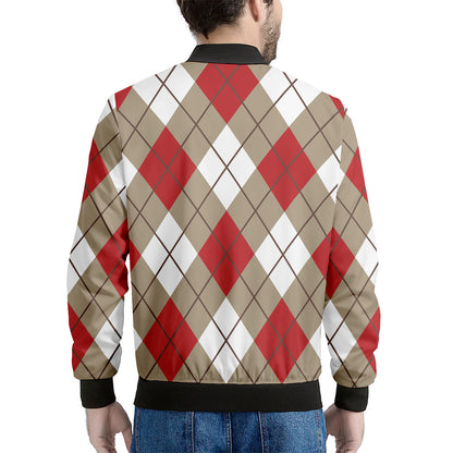 Red White And Beige Argyle Pattern Print Men's Bomber Jacket