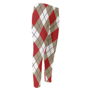 Red White And Beige Argyle Pattern Print Men's Compression Pants