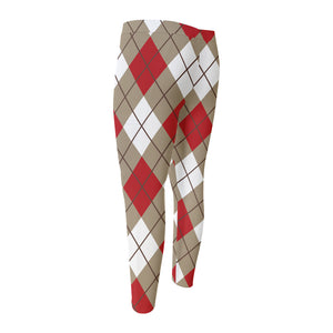 Red White And Beige Argyle Pattern Print Men's Compression Pants