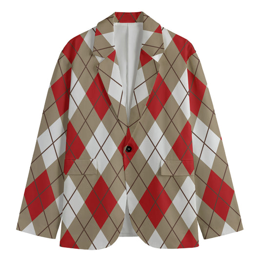 Red White And Beige Argyle Pattern Print Men's Cotton Blazer