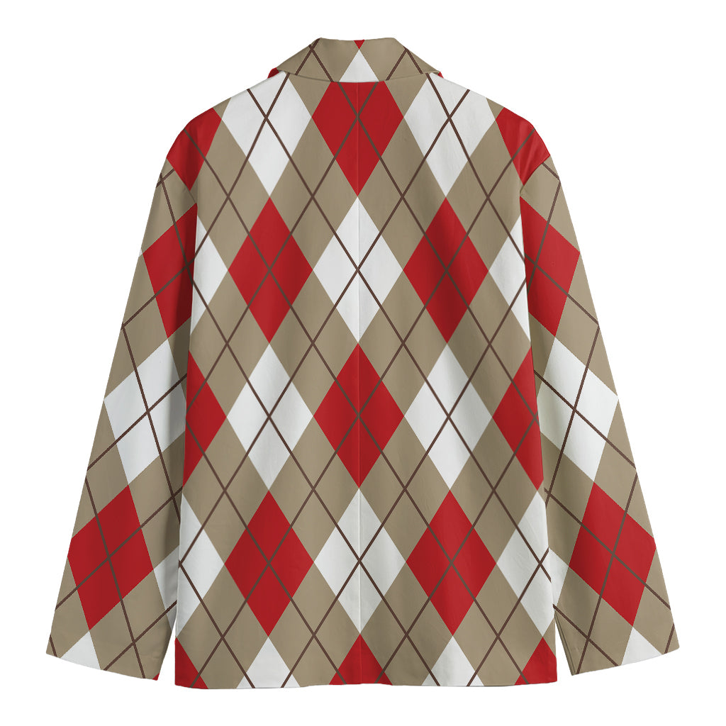Red White And Beige Argyle Pattern Print Men's Cotton Blazer