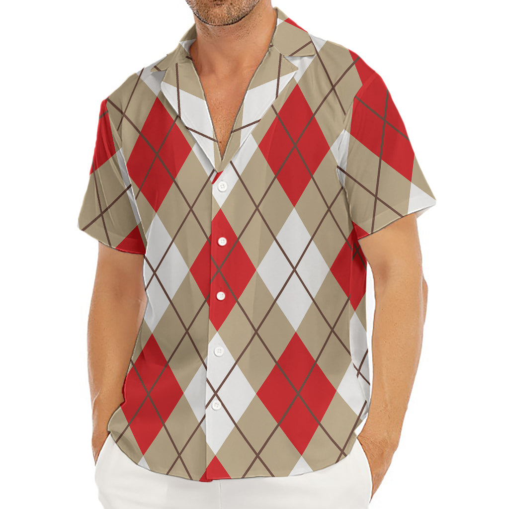Red White And Beige Argyle Pattern Print Men's Deep V-Neck Shirt