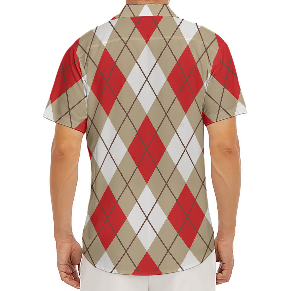 Red White And Beige Argyle Pattern Print Men's Deep V-Neck Shirt